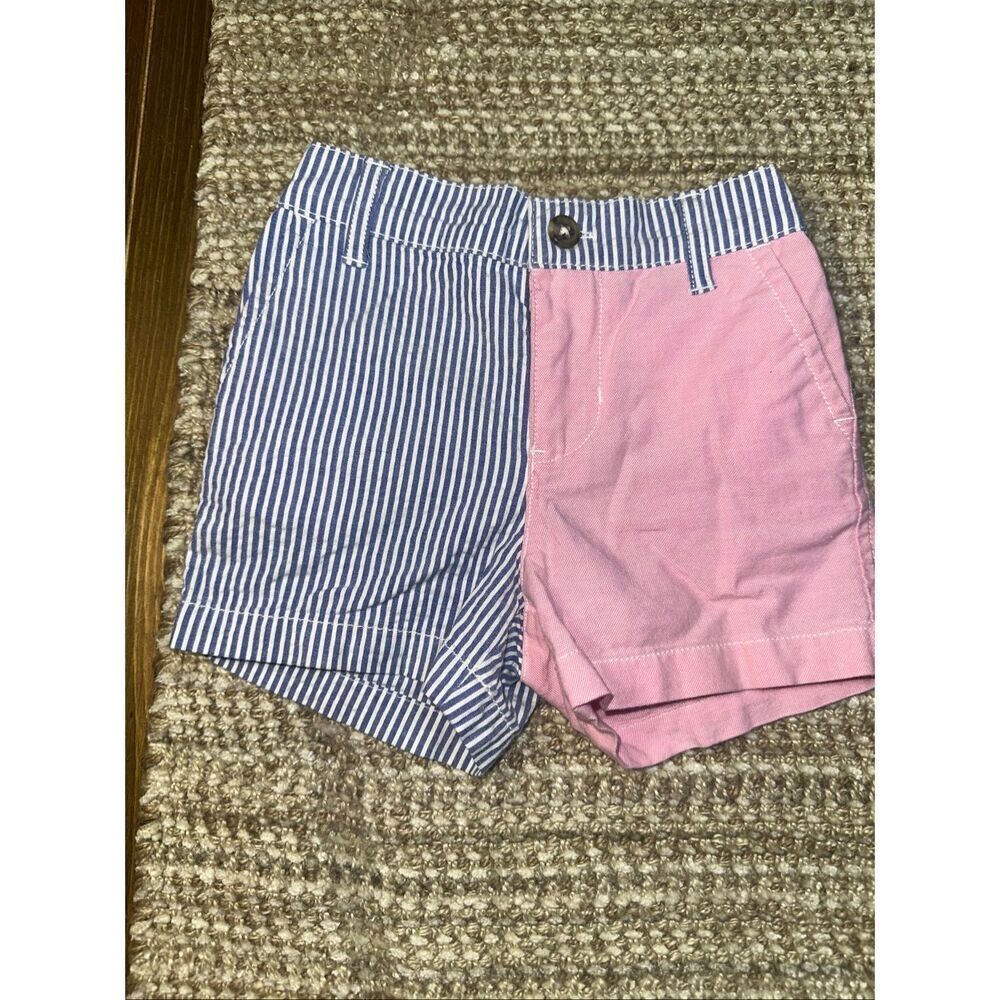 Ralph Lauren asymmetrical blue and white pin stripe and pink color block shorts